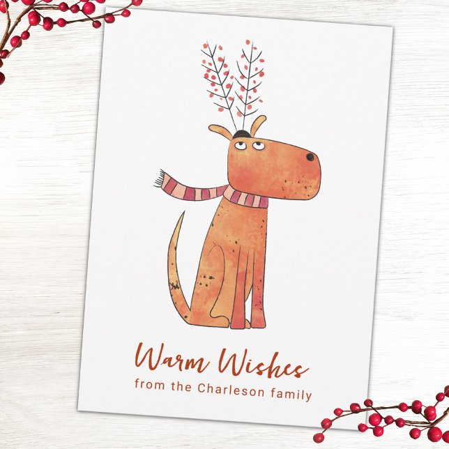 Carte de vœux drôle de chien faux renne (Fun dog humor personalized holiday card with custom text)