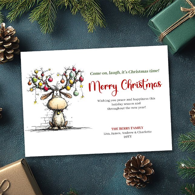Carte de vœux drôle de Noël de rennes verts rouges (Red Green Funny Reindeer Christmas Greeting)