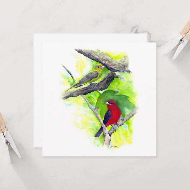 Carte de voeux du Couple de Tangara écarlate (Scarlet Tanager Couple In Tree Watercolor Square Blank Note Cards from Jenn Steffen Art)