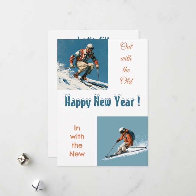 Carte de vœux du Nouvel An à thème ski (Devant/Arrière en situation)