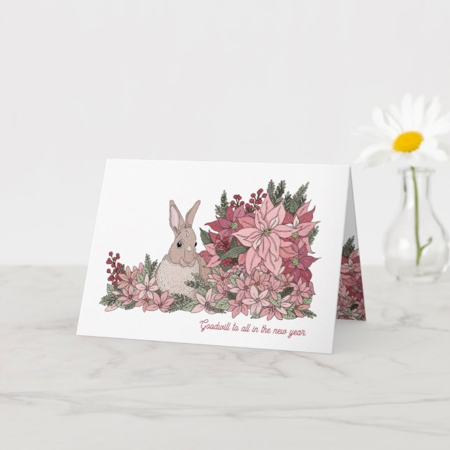 Carte de vœux du Nouvel An Lapin et fleurs roses (Petite plante)