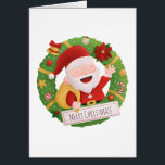Carte de voeux du Père Noël Noël Xmas Wreath<br><div class="desc">Une carte de voeux avec une jolie illustration de Noël et un gribouillage pour mettre un sourire sur le visage du destinataire. Il présente un joyeux Père Noël qui se tient sur un sac de cadeaux sortant d'une couronne de Noël ! La couronne est décorée avec des classiques de Noël...</div>