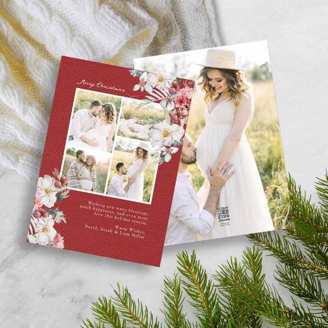 Carte de vœux élégante de Noël avec collage de pho (Elegant Red Holiday Photo Collage Christmas Card Red Berries White Botanicals 5 photos)