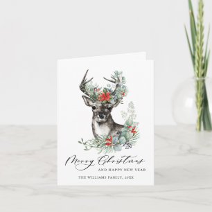 Carte de vœux élégante de Noël Cerf Poinsettia
