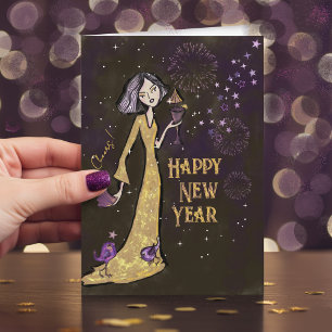 Carte de vœux élégante dorée et violette pour le N