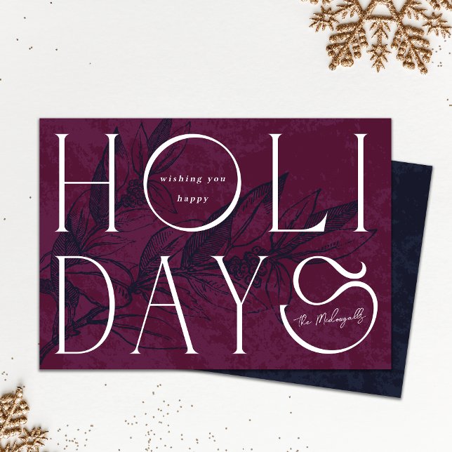 Carte de vœux élégante pour les fêtes d'entreprise (Happy Holiday elegant burgundy holiday card shown on white background with gold snowflake ornaments )