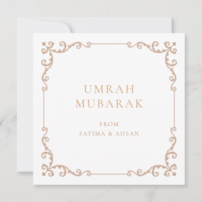 Carte de vœux élégante Umrah Mubarak Brun Rustique (Devant)