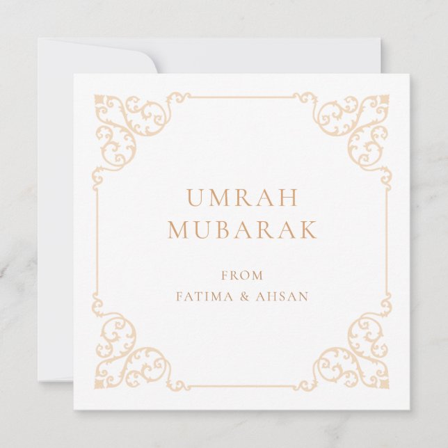 Carte de vœux élégante Umrah Mubarak écriture doré (Devant)