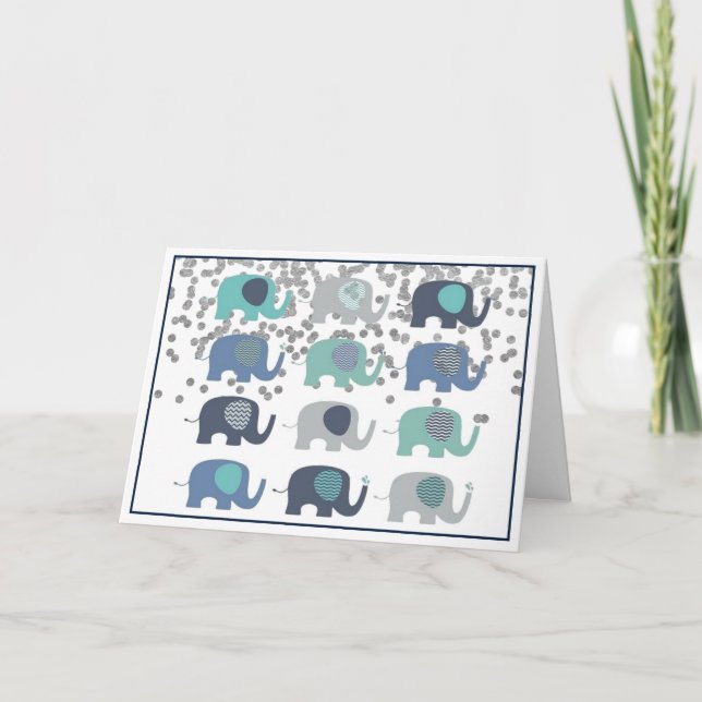 Carte de voeux - Eléphants bleus, verts et gris (Devant)