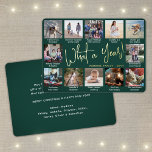 Carte De Vœux En Aluminium 12 Photo Collage & légendes Vert Quelle année !<br><div class="desc">Quelle année de souvenir ! Envoyez des salutations joyeux et partagez 12 de vos photos préférées avec une carte de vacances 5x7 photo collage vert et or feuille. Le texte sur ce modèle est simple à personnaliser pour inclure n'importe quel libellé comme Joyeux Noël, Joyeux Fêtes, Joyeuses Fêtes, Fêtes de...</div>