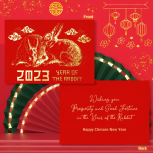 Carte De Vœux En Aluminium 2023 Nouvel An Chinois Lapin Or