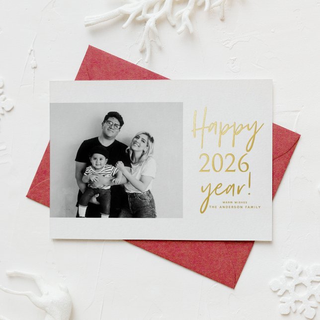 Carte De Vœux En Aluminium 2025 L'écriture manuscrite moderne Bonne année (Send new year cheer with this customizable gold foil New Year Photo Card featuring mix typography.)
