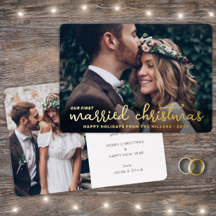 Carte De Vœux En Aluminium 2 Photo Jeunes mariés 1er Noël de mariage Script