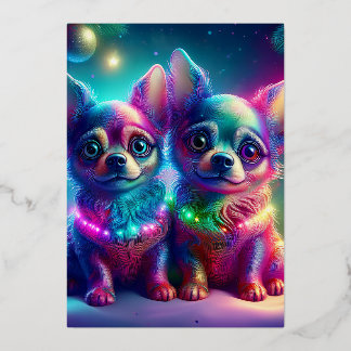 Carte De Vœux En Aluminium 2 Young Chihuahua Pups In Colorful Christmas Scene
