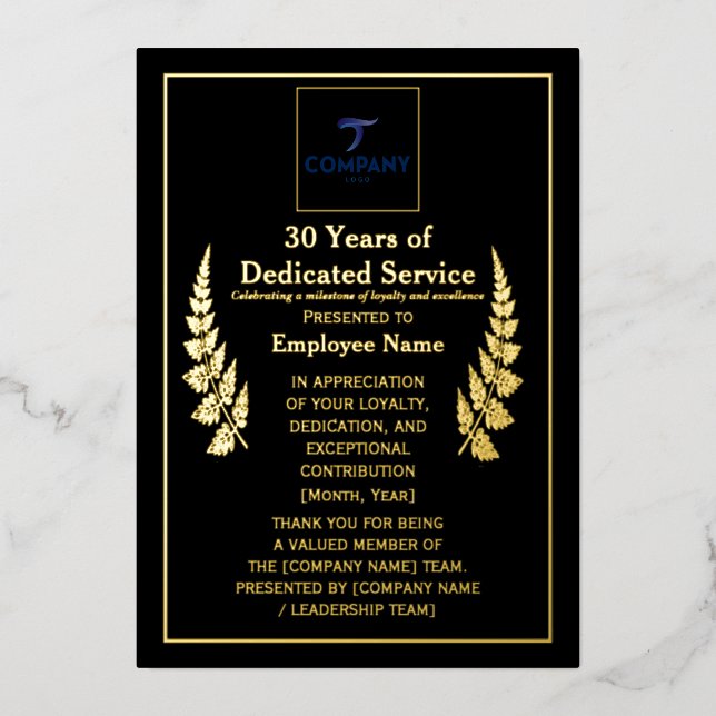 Carte De Vœux En Aluminium 30 Ans de Récompense de Service Dévouée en Feuille (Recto)
