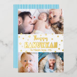 Carte De Vœux En Aluminium 3 Photo Happy Hanoukka Whimsical Modern Real Gold<br><div class="desc">"Bonne Hanoukka." Fun, ludique, fantaisiste, artisanal de la vraie typographie de feuille d'or et une Star of David motif aléatoire superposent un arrière - plan blanc et propre. Ajoutez 3 photos de votre choix pour vous aider à lancer à Hanoukka avec cette superbe carte de voeux en feuille d'or, colorée...</div>