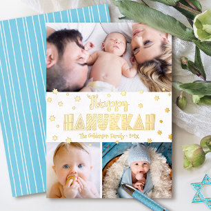 Carte De Vœux En Aluminium 3 Photo Joyeux Hanukkah Moderne Fantaisiste Or Vér