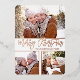 Carte De Vœux En Aluminium 3 PHOTO Simply Elegant Sparkle Christmas Rose Gold