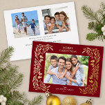Carte De Vœux En Aluminium 3 Photos Noël Vert Or<br><div class="desc">Cette carte horizontale de Noël rouge foncé présente une élégante végétation de Noël en feuille d'or qui encadre la photo. L'arrière offre 2 photos carrés supplémentaires et du texte personnalisé pour un message personnel.</div>