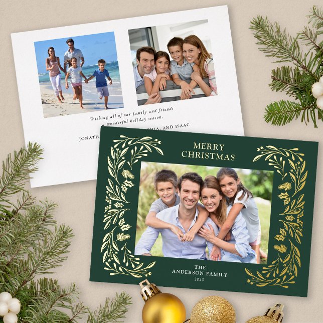 Carte De Vœux En Aluminium 3 Photos Noël Vert Or (Gold Foil, 3 Photos Christmas card)