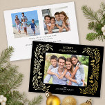 Carte De Vœux En Aluminium 3 Photos Noël Vert Or<br><div class="desc">Cette carte de Noël horizontale noire présente une élégante végétation hivernale en feuille d'or qui encadre la photo. L'arrière offre 2 photos carrés supplémentaires et du texte personnalisé pour un message personnel.</div>