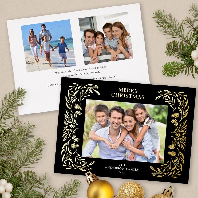 Carte De Vœux En Aluminium 3 Photos Noël Vert Or (Gold Foil 3 Photos Christmas card)