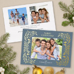 Carte De Vœux En Aluminium 3 Photos Noël Vert Or<br><div class="desc">Cette carte de Noël horizontale bleu poussiéreux présente une élégante végétation hivernale en feuille d'or qui encadre la photo. L'arrière offre 2 photos carrés supplémentaires et du texte personnalisé pour un message personnel.</div>