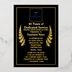 Carte De Vœux En Aluminium 40 ans de prix de service dévoué en feuille d'or p