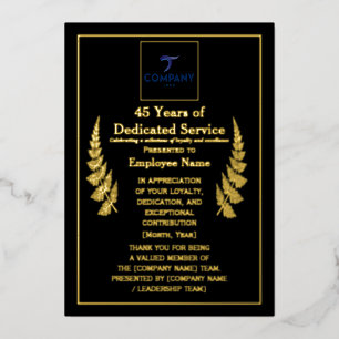 Carte De Vœux En Aluminium 45 ans de prix de service dévoué en feuille person