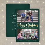 Carte De Vœux En Aluminium 4 Photo Dark Green Joyeux Noël Collage moderne<br><div class="desc">Envoyez des salutations joyeuses et partagez vos photos préférées avec une carte de vacances personnalisée quatre photos collage vert et feuille d'or. Tout le texte sur ce modèle est simple à customiser pour inclure n'importe quel libellé, comme Joyeux Noël, Joyeux Fêtes, Joyeuses Fêtes, Bonne Année, Soirée de voeux, etc. (IMAGE...</div>