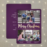 Carte De Vœux En Aluminium 4 Photo Purple Joyeux Noël Collage moderne<br><div class="desc">Envoyez des salutations joyeuses et partagez vos photos préférées avec une carte de vacances personnalisée quatre photos collage violet et feuille d'or. Tout le texte sur ce modèle est simple à customiser pour inclure n'importe quel libellé, comme Joyeux Noël, Joyeux Fêtes, Joyeuses Fêtes, Bonne Année, Soirée de voeux, etc. (IMAGE...</div>