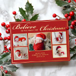 Carte De Vœux En Aluminium 6 photos croient en Noël magique famille rouge<br><div class="desc">Carte de voeux moderne avec 5 de vos portraits de famille de Noël préférés, complétée par de véritables cadres en feuille d'or et un libellé qui dit "Croyez en la magie de Noël" sur un arrière - plan rouge festif, personnalisable avec votre message ou vos noms. Vous pouvez télécharger une...</div>