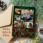 Carte De Vœux En Aluminium 6 photos Joyeux Noël famille rouge vert or<br><div class="desc">Elégant style plaid écossais véritable feuille d'or Joyeux script de Noël six photos de famille classique carte de vacances rouge traditionnel avec votre texte personnalisé sur les deux côtés.</div>