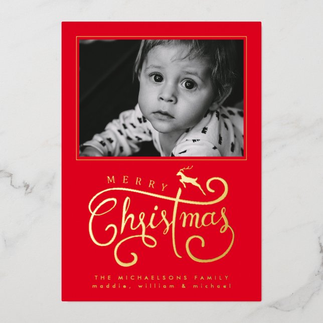 Carte De Vœux En Aluminium AJOUTER VOTRE PHOTO | Joyeux rennes de Noël (Recto)