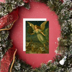 Carte De Vœux En Aluminium Ange de Noël avec arbre style rétro de l'ère victo
