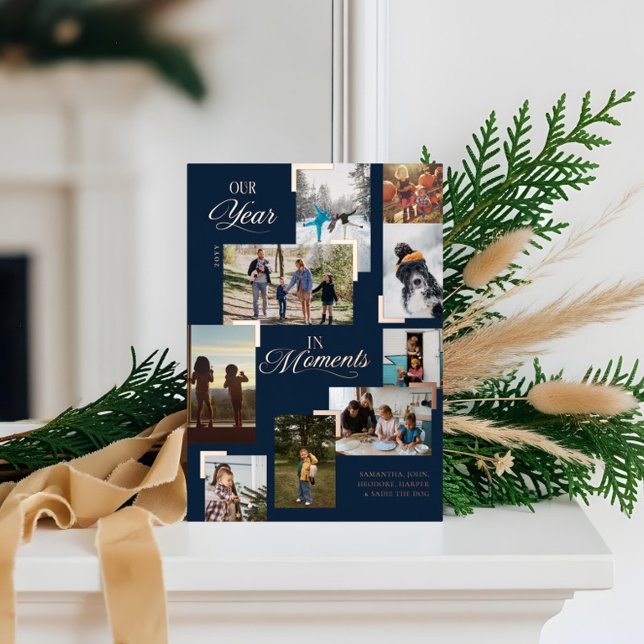 Carte De Vœux En Aluminium Année en moments Famille Photo Collage Noël (Year in Moments Family Photo Collage Christmas Foil Holiday Card (Front))