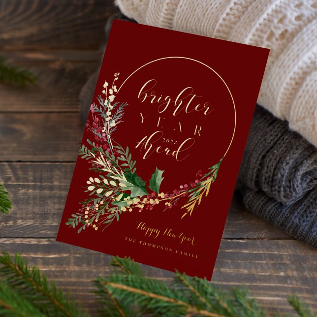 Carte De Vœux En Aluminium Année plus brillante à l'avenir Aquarelle Wreath N (Brighter Year Ahead Watercolor Wreath New Year Foil Holiday Card)