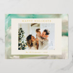 Carte De Vœux En Aluminium Aquarelle Abstraite en Vert avec Photo Personnalis<br><div class="desc">Carte de Fêtes Élégante Aquarelle Abstraite en Vert avec Photo Personnalisée et Feuille d'Or</div>