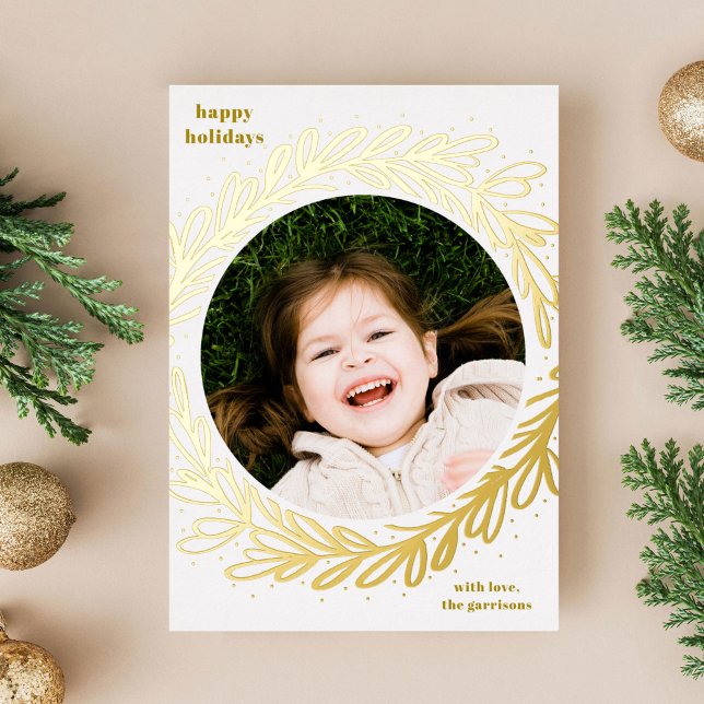 Carte De Vœux En Aluminium Aquarelle blanche et jaune Cadre photo botanique (Gold foil hand-drawn botanical wreath photo holiday card)
