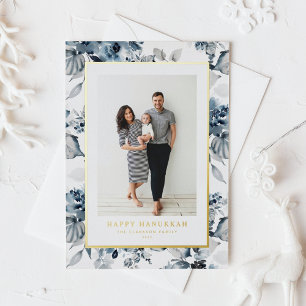 Carte De Vœux En Aluminium Aquarelle Bleu Fleurs Heureux Hanoukka Photo