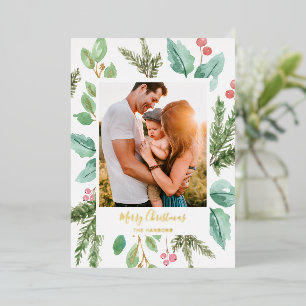 Carte De Vœux En Aluminium Aquarelle botanique Photo Élégant Noël