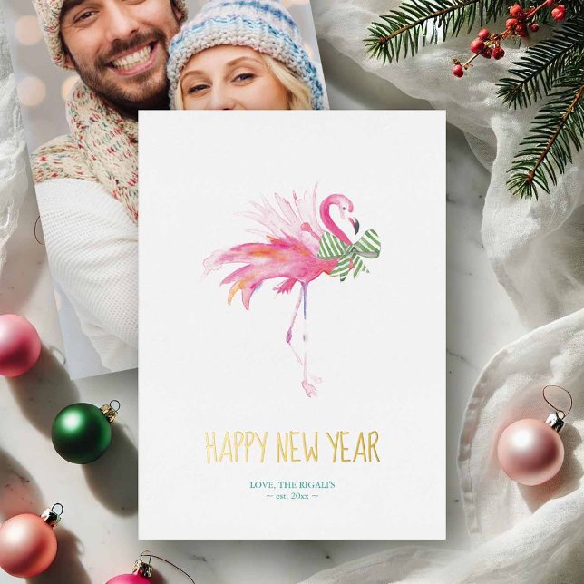 Carte De Vœux En Aluminium Aquarelle de Flamant rose rose de Noël tropical (Happy New Year tropical pink flamingo greeting card watercolor by Victoria Grigaliunas)