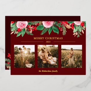 Carte De Vœux En Aluminium Aquarelle fleurie verte Noël 3 photos rouge