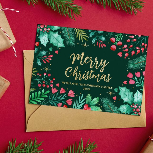 Carte De Vœux En Aluminium Aquarelle Folitique Botanique Noël (Watercolor Botanical Foliage Christmas Foil Holiday Card)
