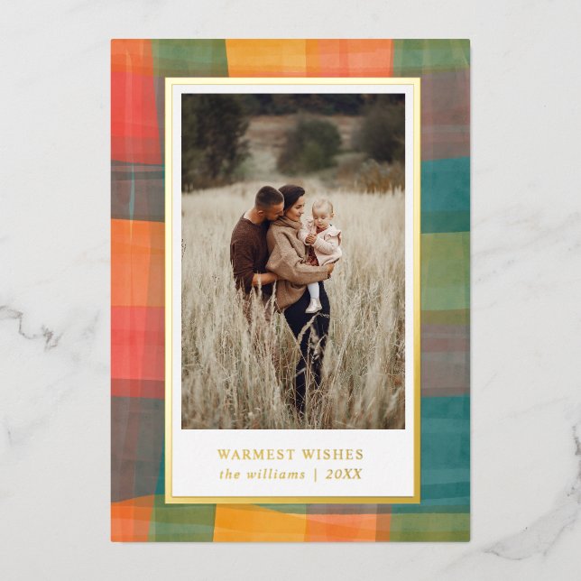 Carte De Vœux En Aluminium Aquarelle | Green Orange Photo Holiday (Recto)