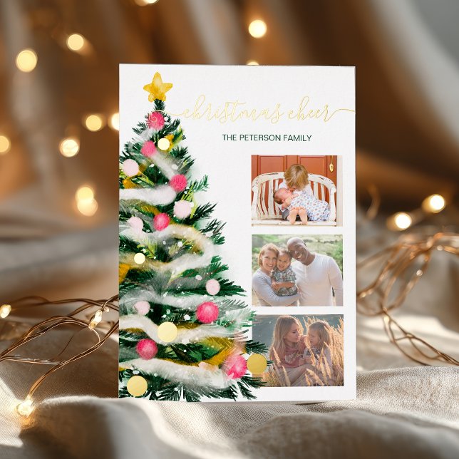 Carte De Vœux En Aluminium Aquarelle moderne Cheval Christmas tree 3 photos (Modern Cheer Christmas tree watercolor 3 photos Foil Holiday Card)