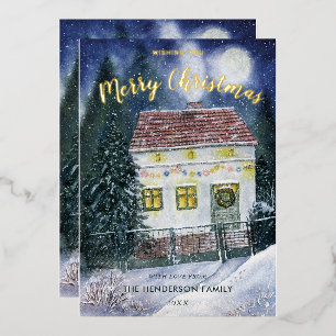 Carte De Vœux En Aluminium Aquarelle Neige Couverte Festive Cottage