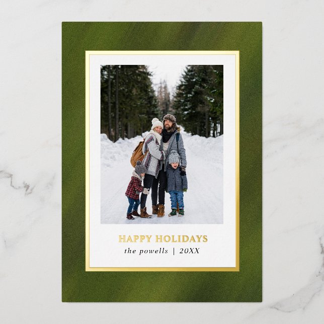 Carte De Vœux En Aluminium Aquarelle Olive Green Frame Photo Noël (Recto)