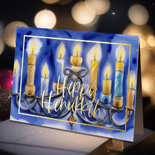 Carte De Vœux En Aluminium Aquarelle Peinture de Menorah Bleu Bougies blanche
