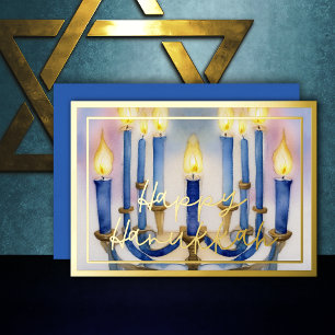 Carte De Vœux En Aluminium Aquarelle Peinture de Menorah Bleu Bougies blanche